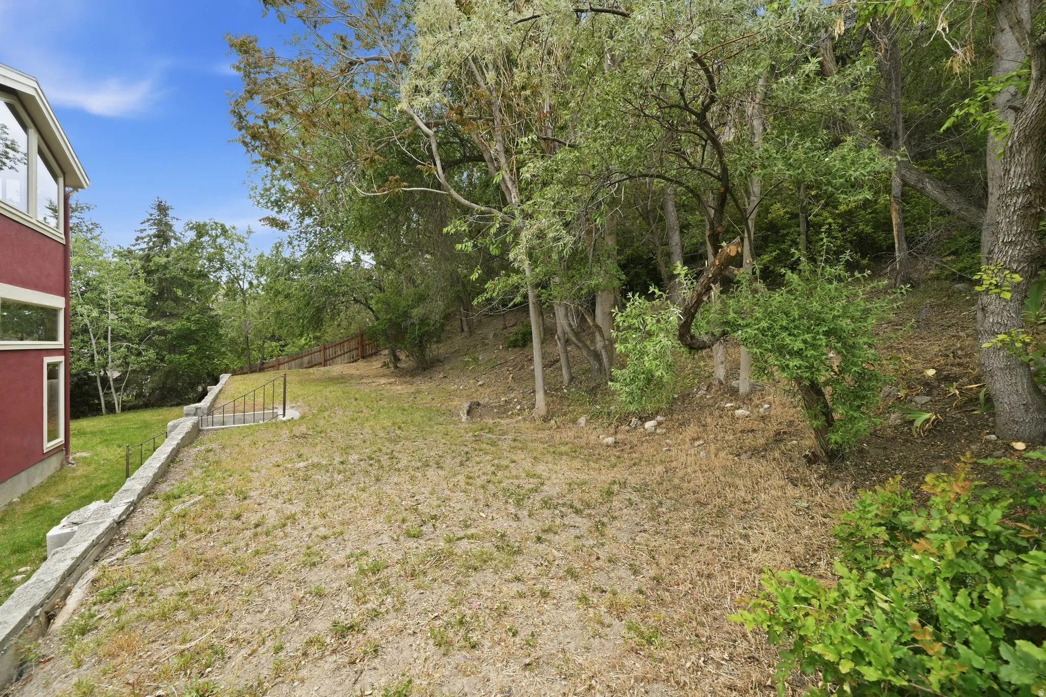 Terraced backyard space with mature trees and stone retaining wall