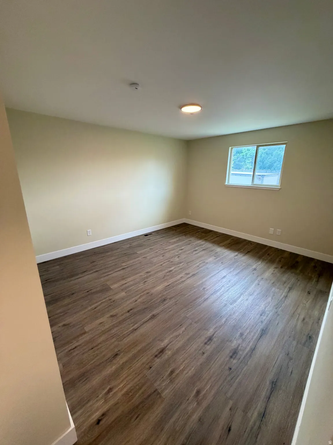 Spacious room featuring wood-finish flooring, light-colored walls, white baseboards, a flush-mount ceiling light, and a window with white trim