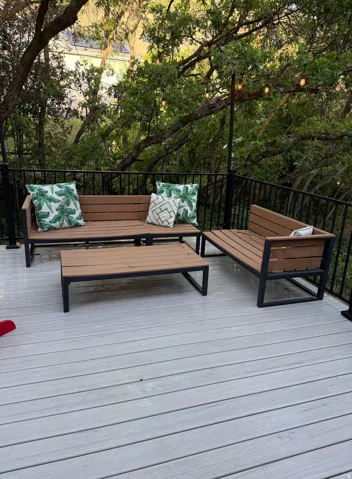Outdoor east deck with grey wood-finish flooring