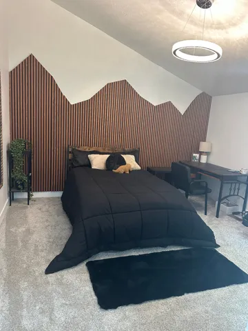 Accent wall with wood paneling and white mountain-peak design, light gray carpeting, and an overhead ring-shaped light fixture