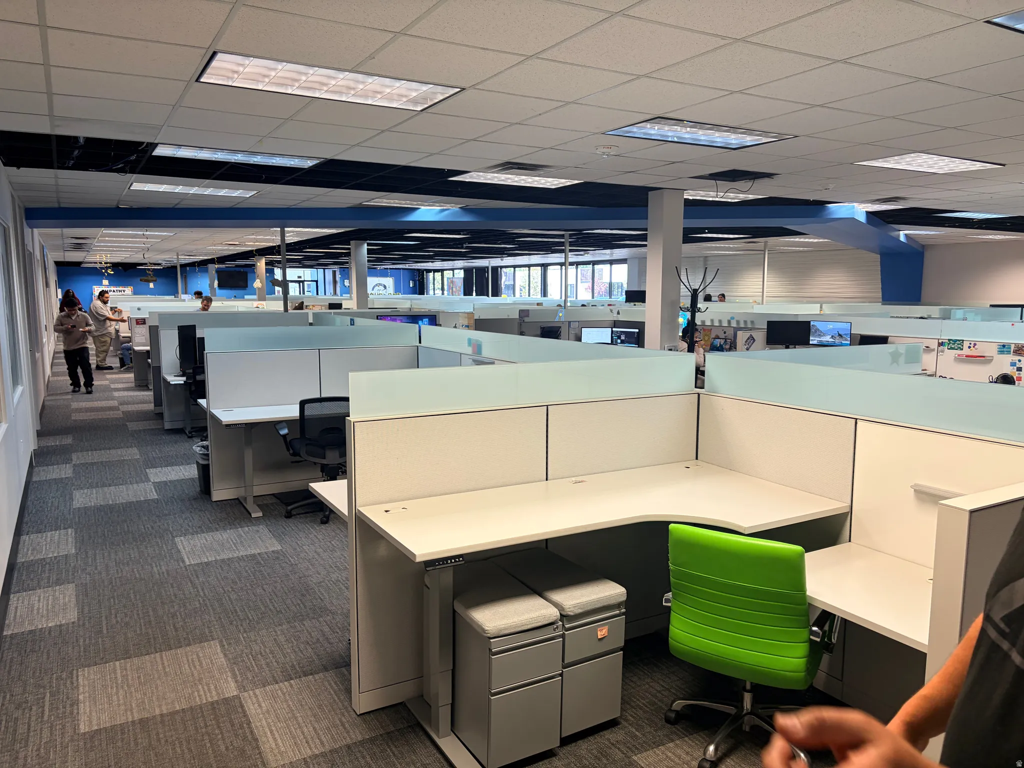 Open-plan office space featuring modular cubicle workstations with light blue privacy panels