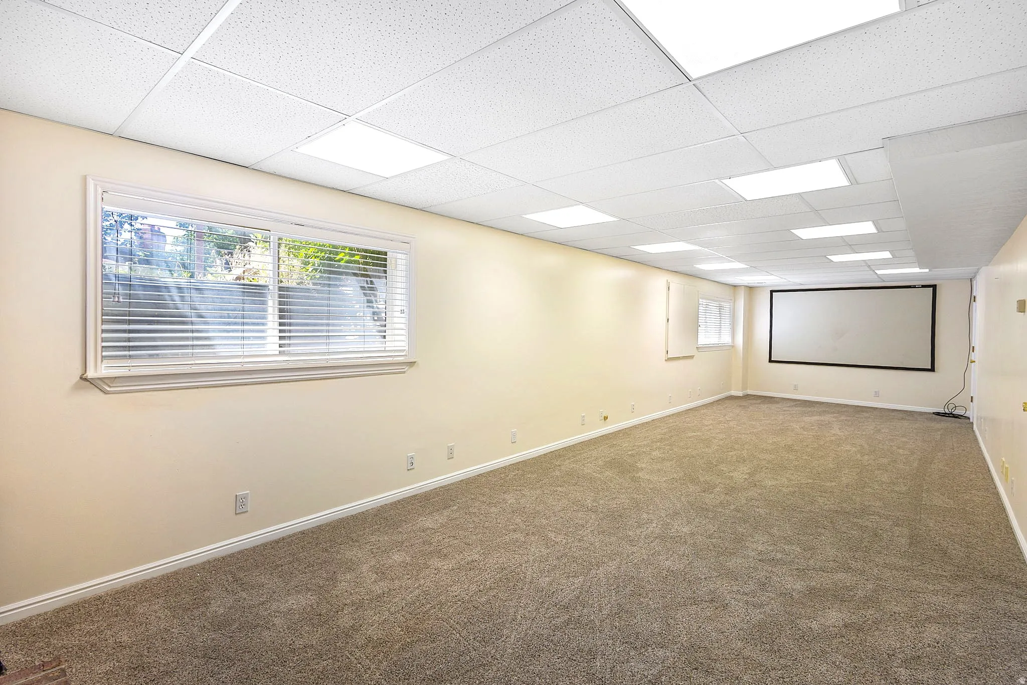 Spacious room featuring neutral carpeting, a drop ceiling with recessed lighting, and a large projection screen