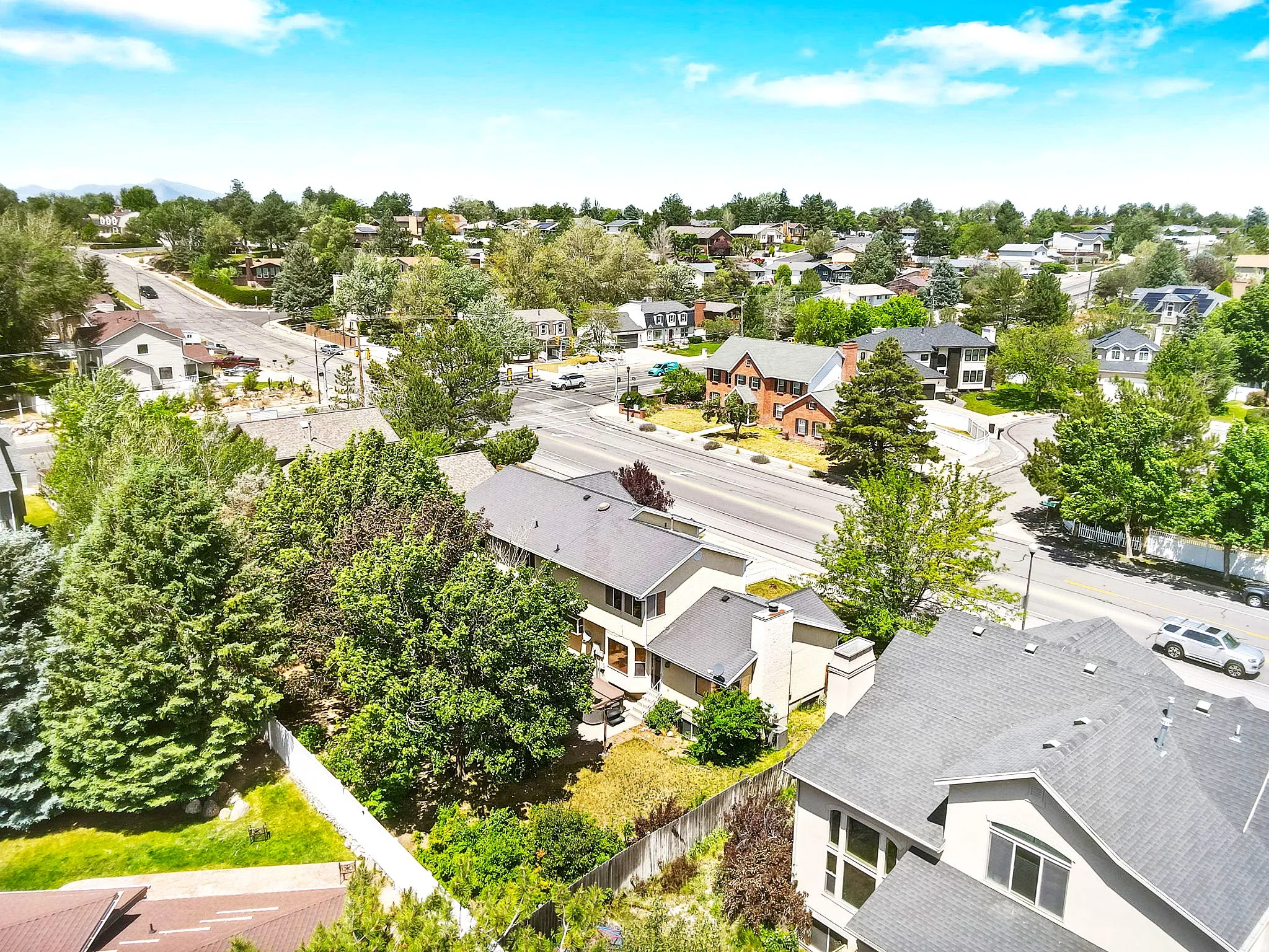 Aerial perspective showcasing a residential neighborhood with varied architectural styles, mature trees, and paved roads