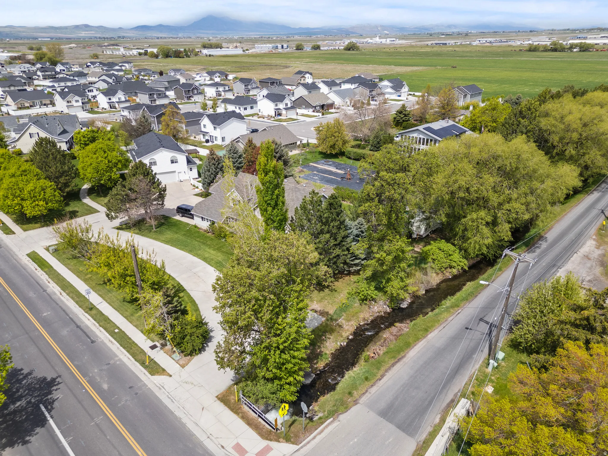 Aerial perspective showcasing a residential area with varied home styles and mature landscaping