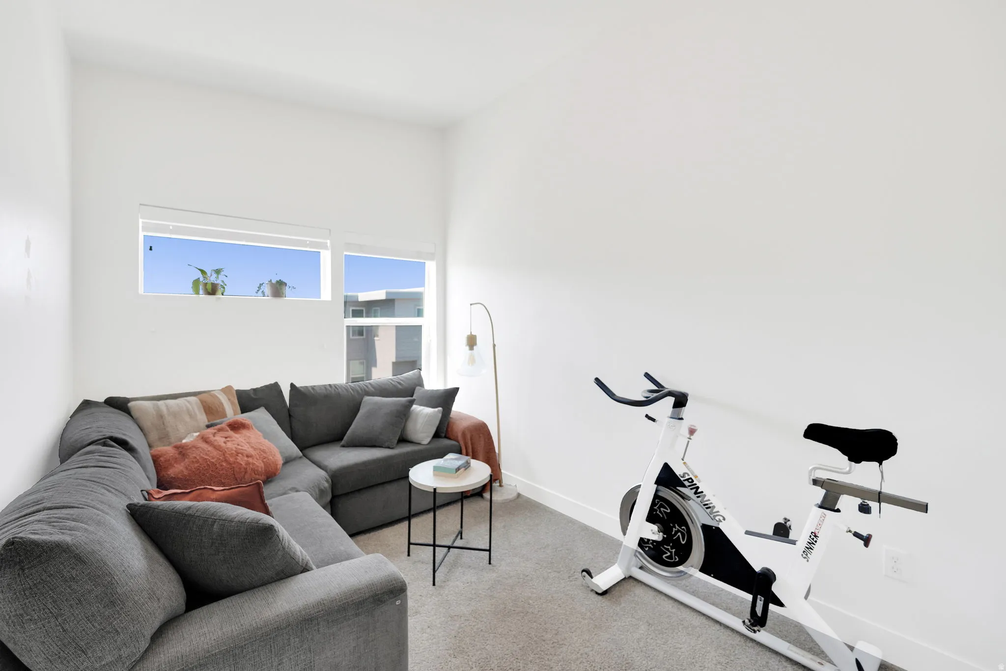Bright room featuring high ceilings, light-colored walls, and carpeting