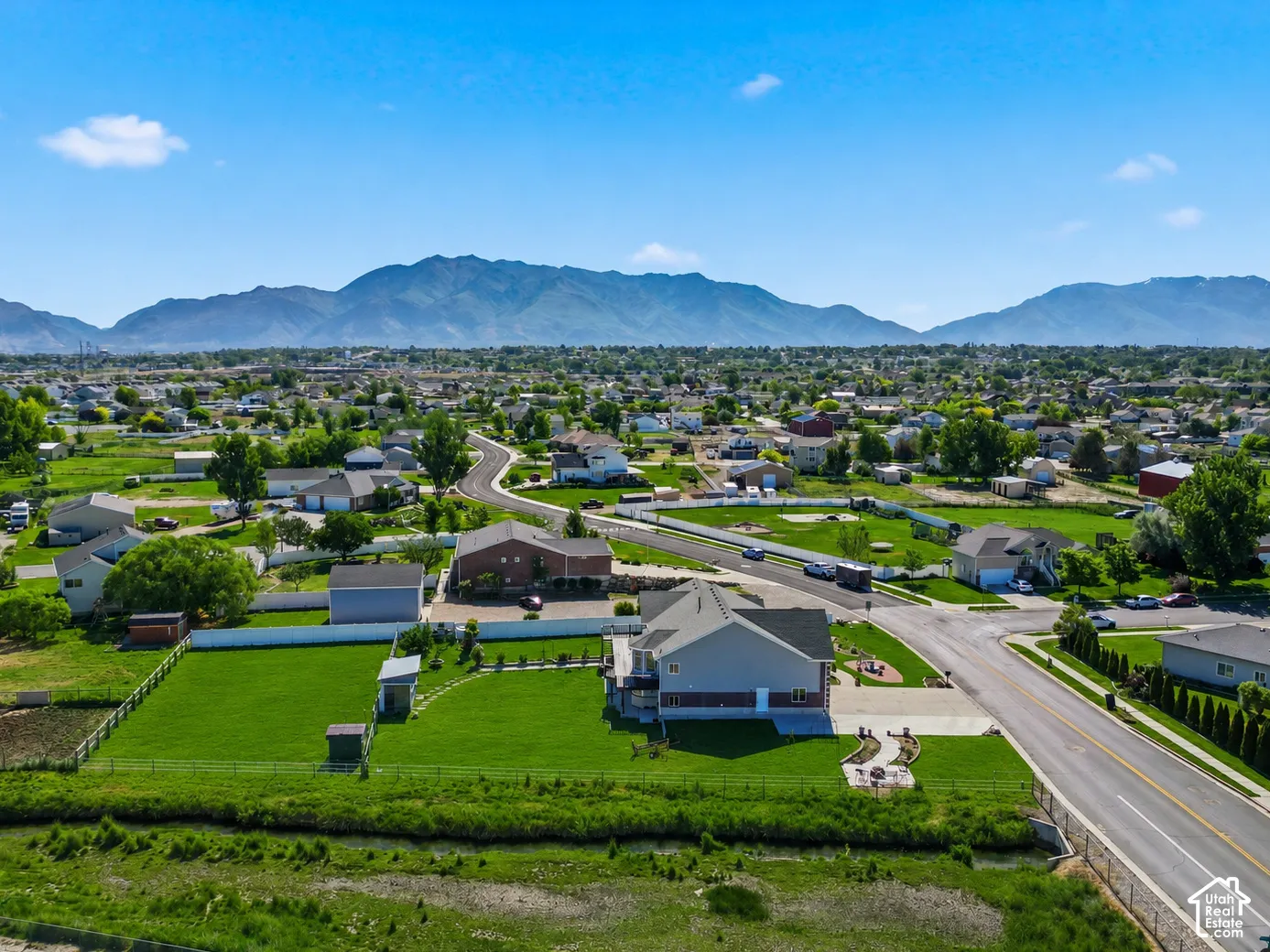 Expansive lot with a large grassy area, paved driveway, and established landscaping