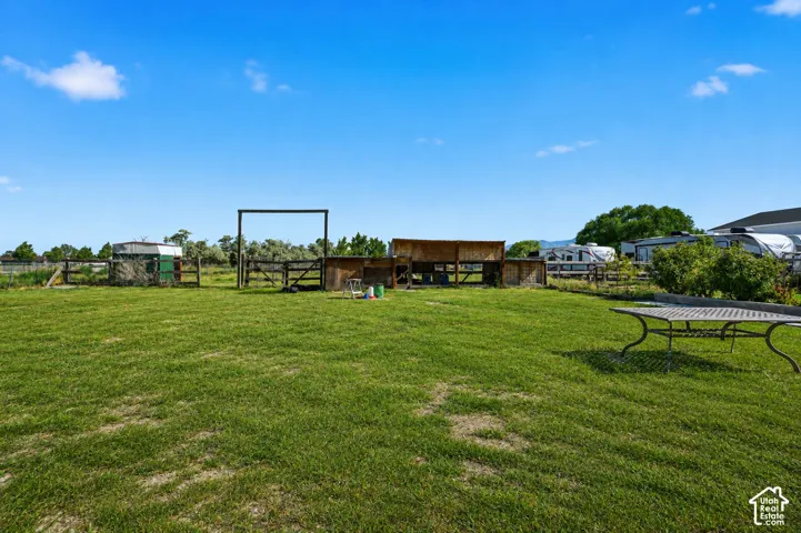 Expansive outdoor area with a large grassy field and perimeter fencing