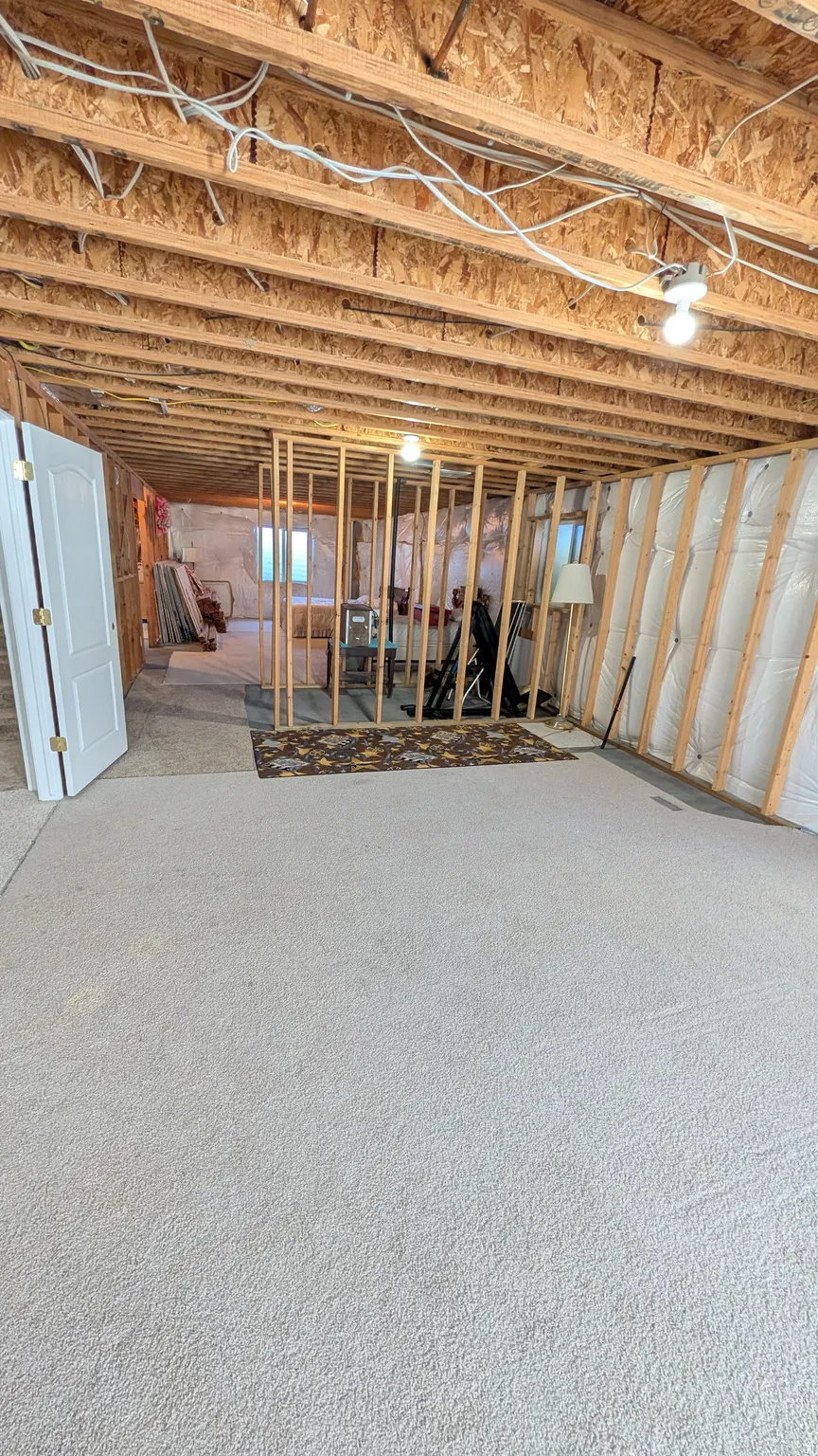Unfinished basement area featuring exposed wood joists and subfloor, partial framing for interior rooms, and light-colored carpeting