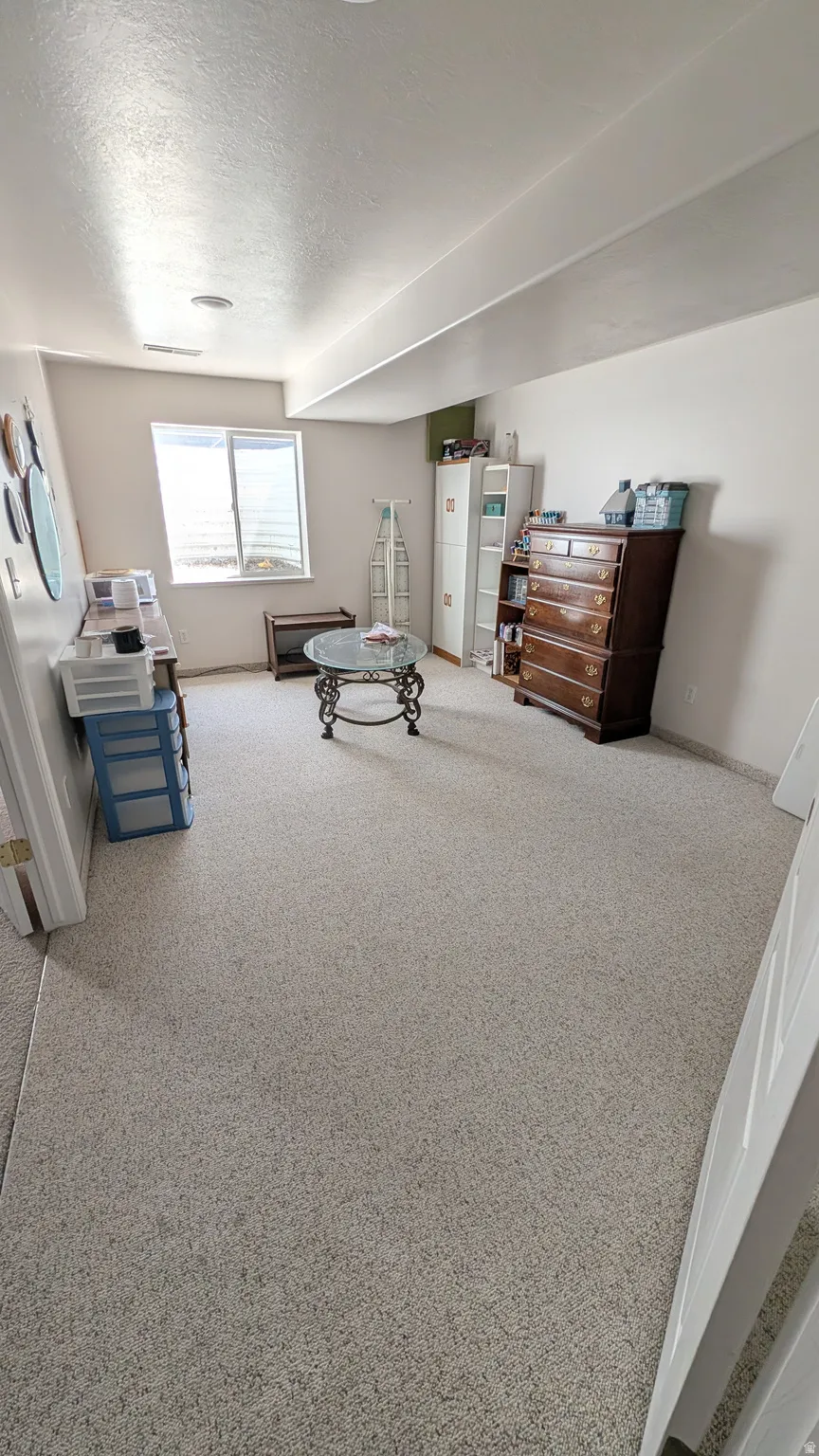 Spacious room featuring light-toned carpeting and a window with a window well