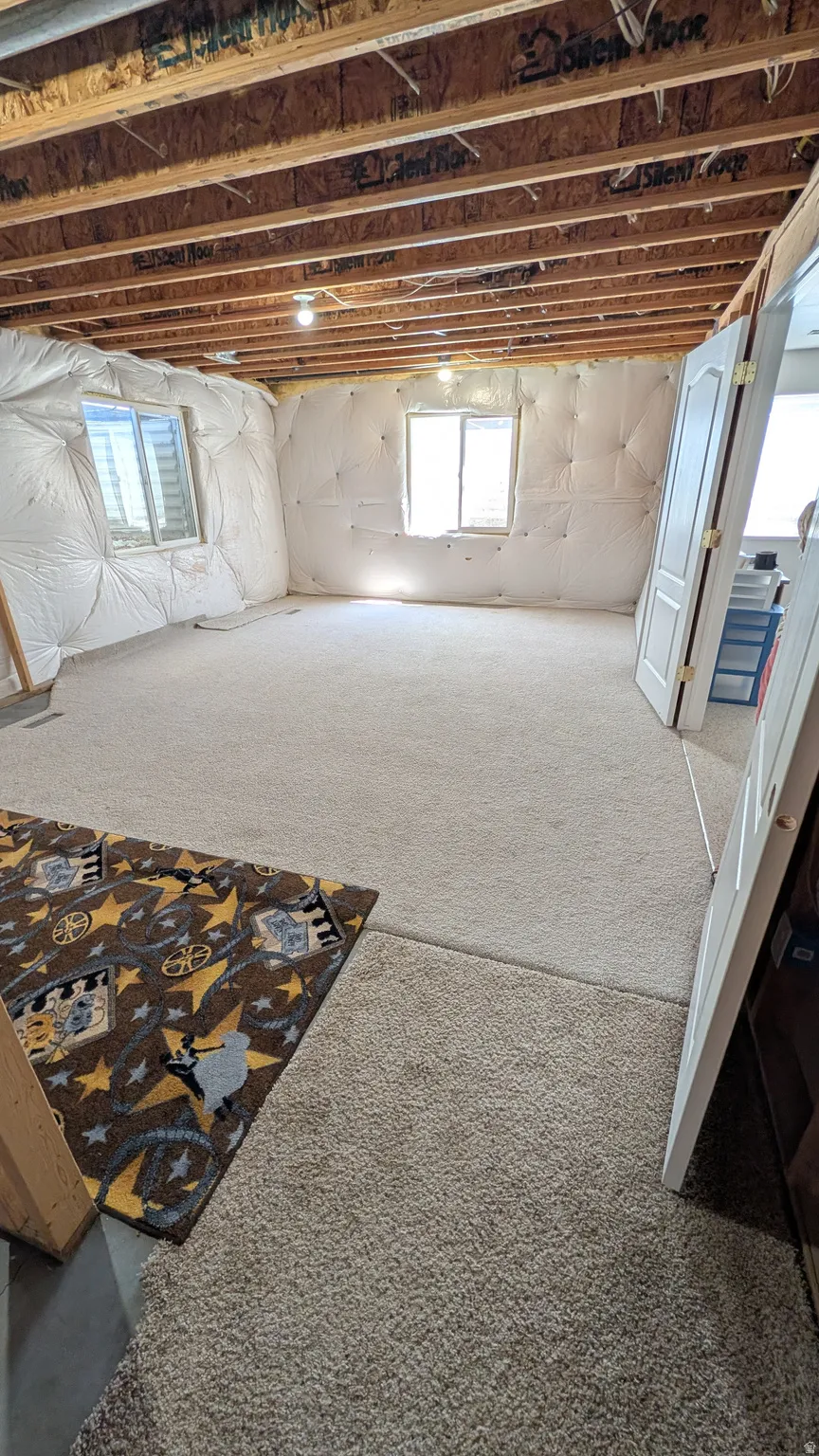 Unfinished basement space featuring exposed ceiling joists and subflooring