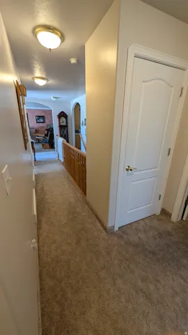 Carpeted hallway with light-toned walls and traditional ceiling fixtures