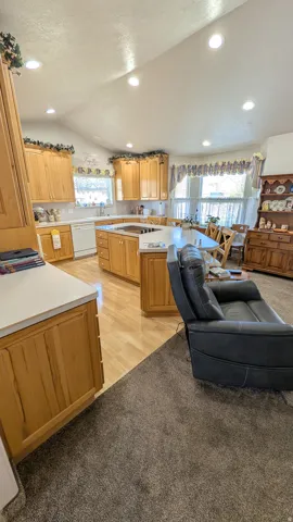 Open-concept kitchen and living area featuring wood-finish flooring, recessed lighting, and light-toned cabinetry