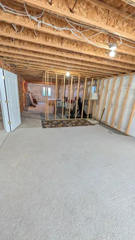 Unfinished basement area featuring exposed wood joists and subfloor, partial framing for interior rooms, and light-colored carpeting