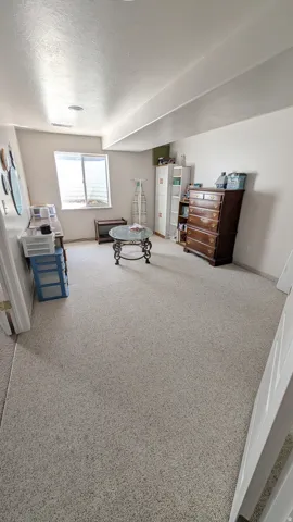 Spacious room featuring light-toned carpeting and a window with a window well