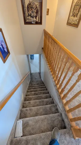 Carpeted staircase with light-toned wooden handrails and balusters
