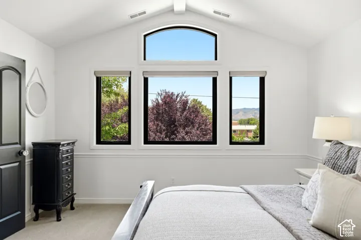 Vaulted ceiling with an arched transom window and three rectangular windows