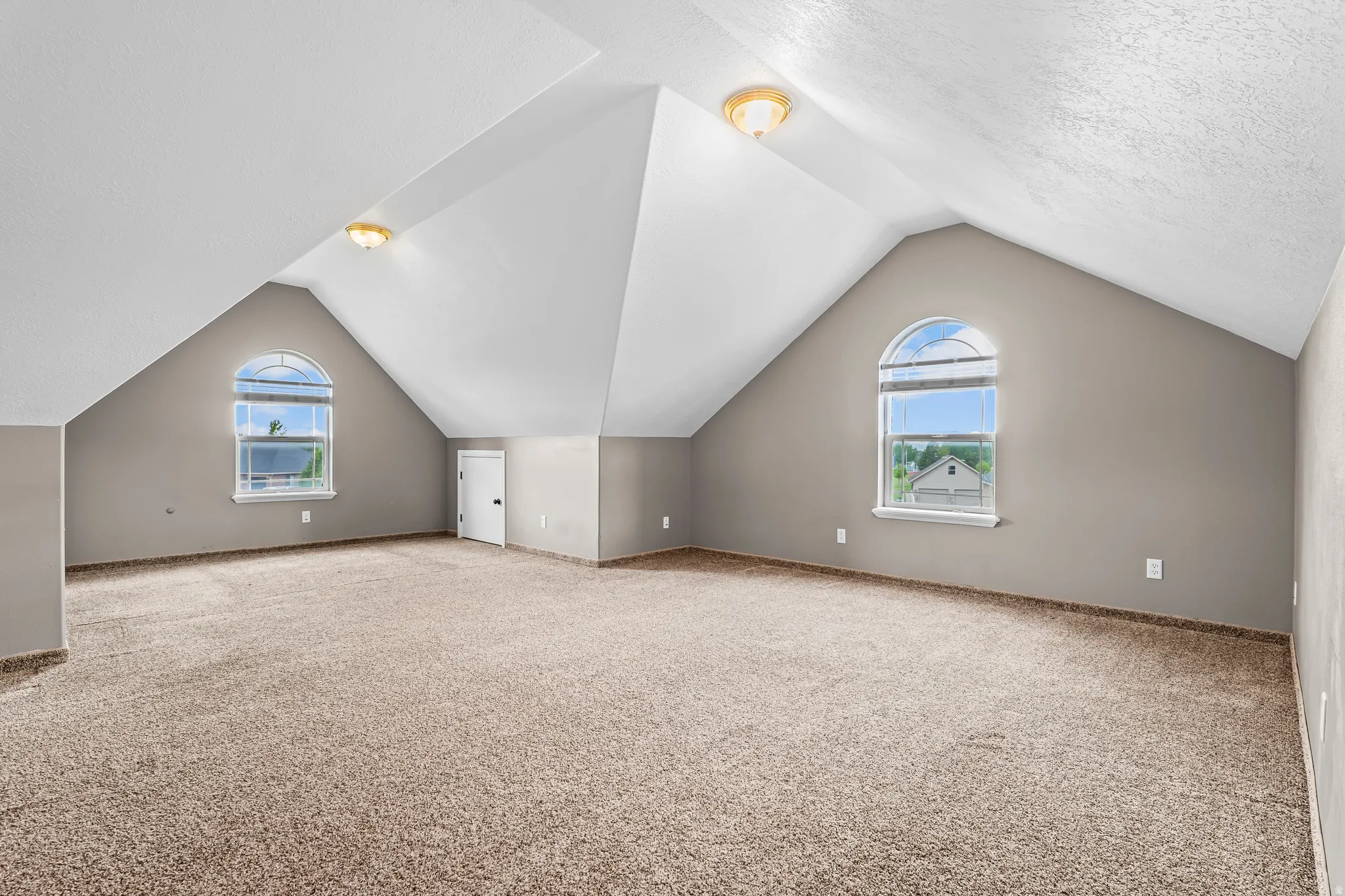 Spacious carpeted room featuring a vaulted ceiling, two arched windows, and a white interior door