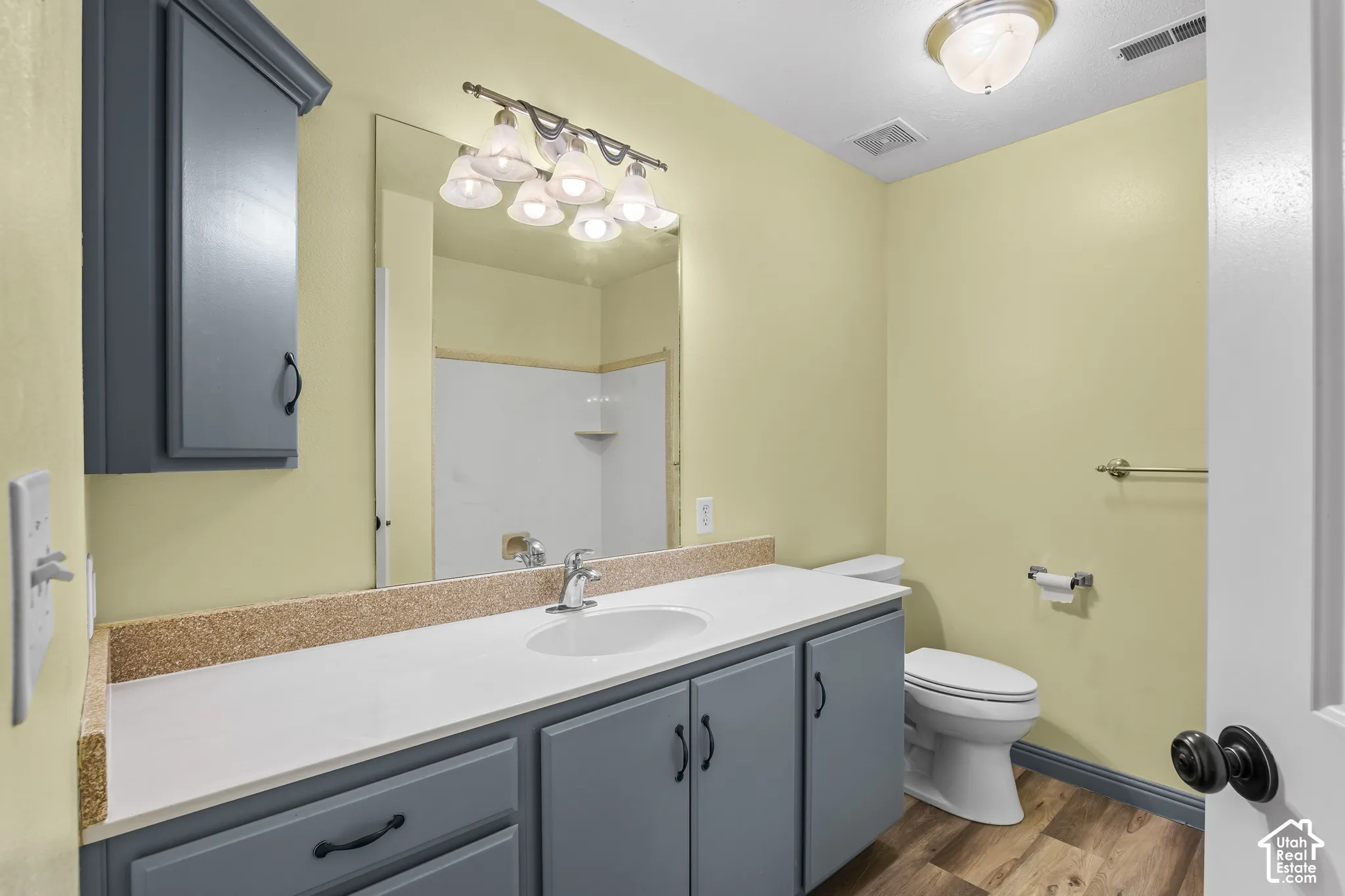 Bathroom vanity featuring light-toned cabinetry, a white countertop, and a single basin sink