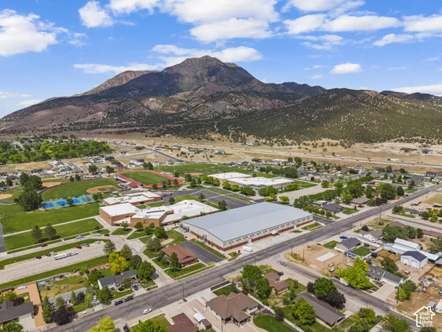 Expansive mountain backdrop with a residential area featuring established homes and green spaces