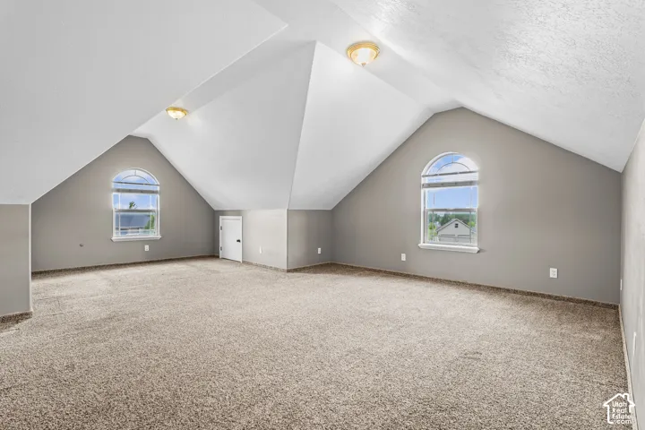 Spacious carpeted room featuring a vaulted ceiling, two arched windows, and a white interior door