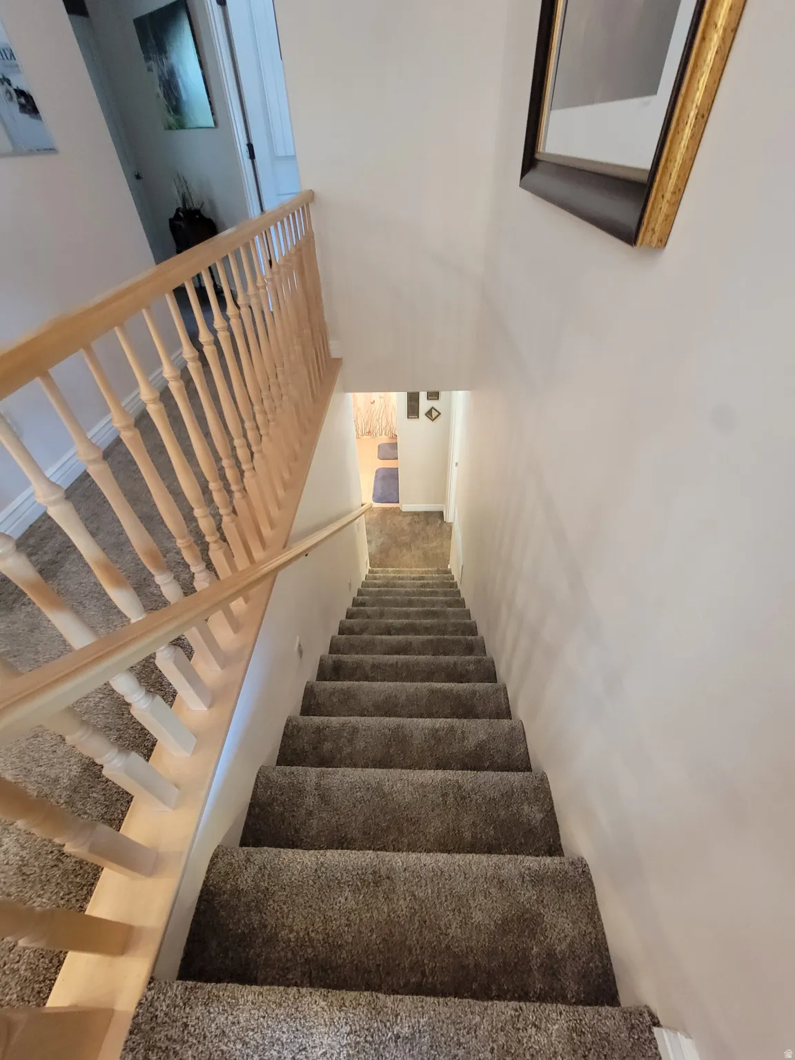 Carpeted staircase featuring a natural wood handrail and balusters