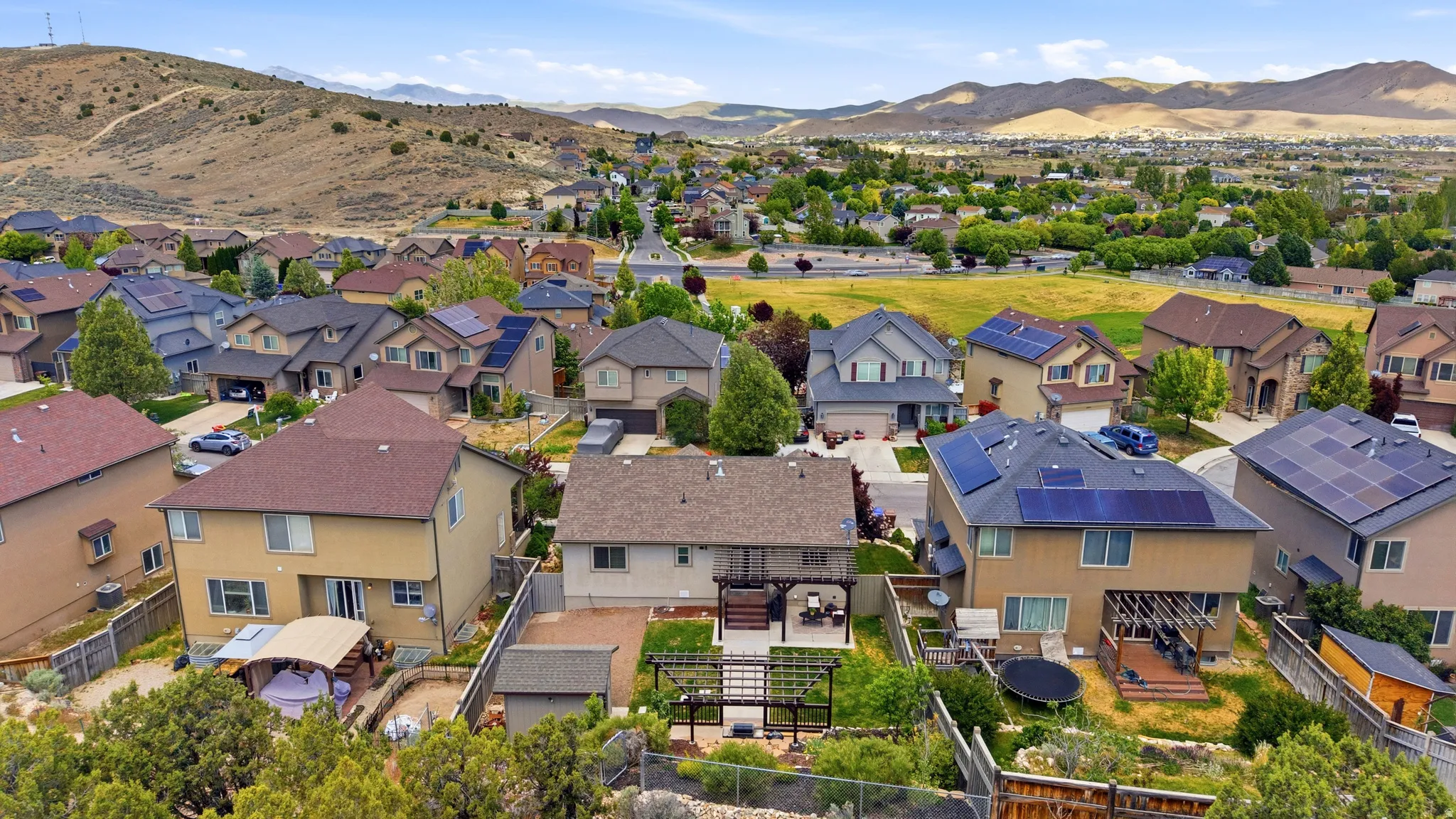 Aerial view of a residential neighborhood with varied architectural styles