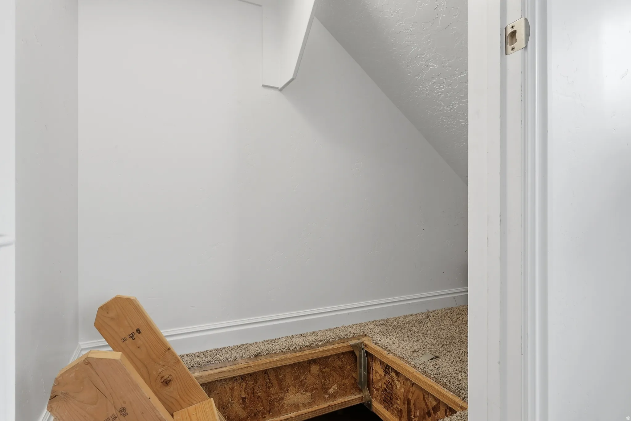 Carpeted attic access with an exposed wood frame and white baseboard trim