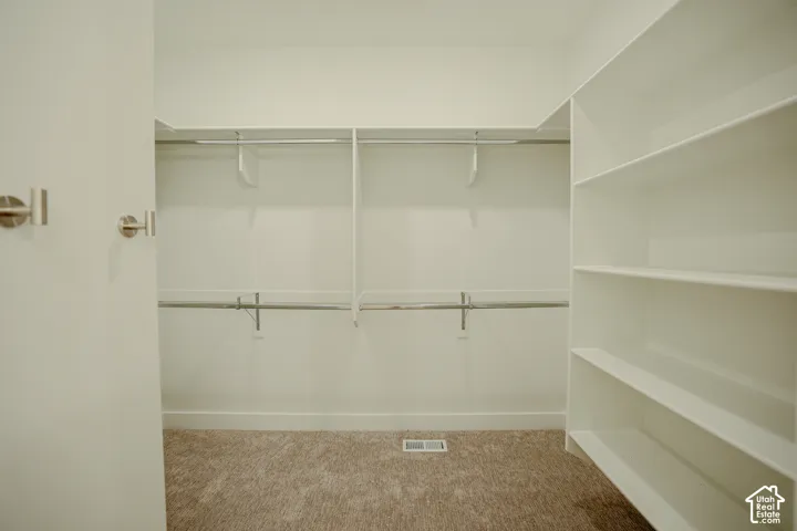 Spacious closet featuring wall-mounted shelving, multiple hanging rods, and neutral-toned carpet flooring