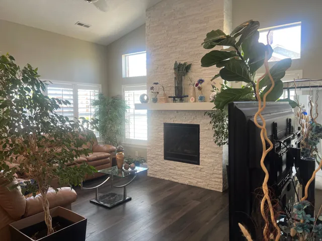 Living area with vaulted ceiling, Stone fireplace