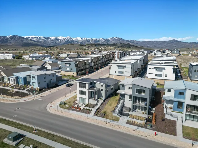 Modern residential community featuring varied architectural styles with mountain scenery
