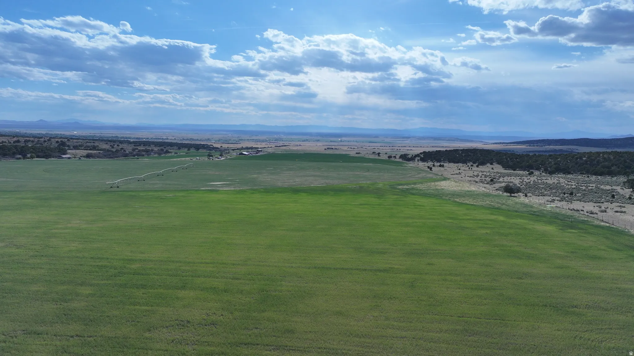Expansive agricultural property featuring a large, irrigated field, a natural landscape area with scattered trees, and distant structures
