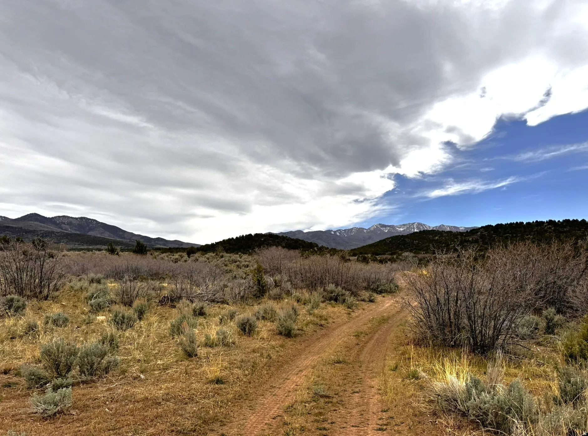 Expansive natural landscape featuring a dirt track, sparse brush, distant mountains, and a partly cloudy sky