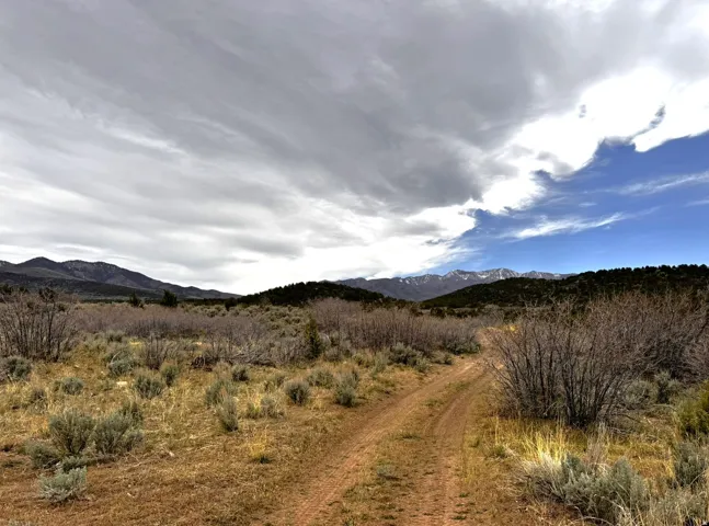 Expansive natural landscape featuring a dirt track, sparse brush, distant mountains, and a partly cloudy sky