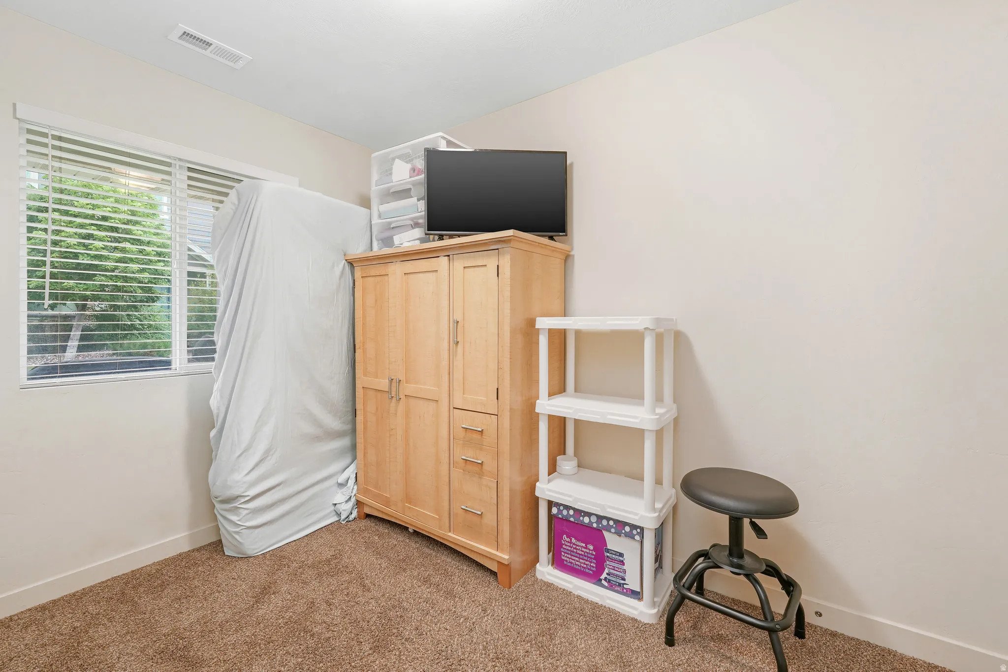 Carpeted room with a window featuring horizontal blinds