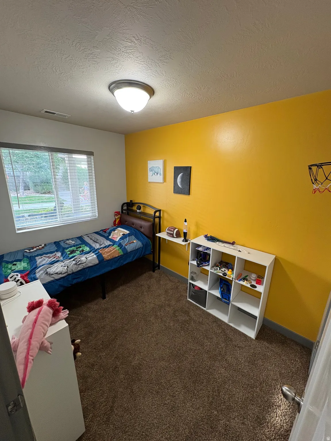 Carpeted room with a window featuring horizontal blinds, a flush-mount ceiling light fixture, and a bold accent wall