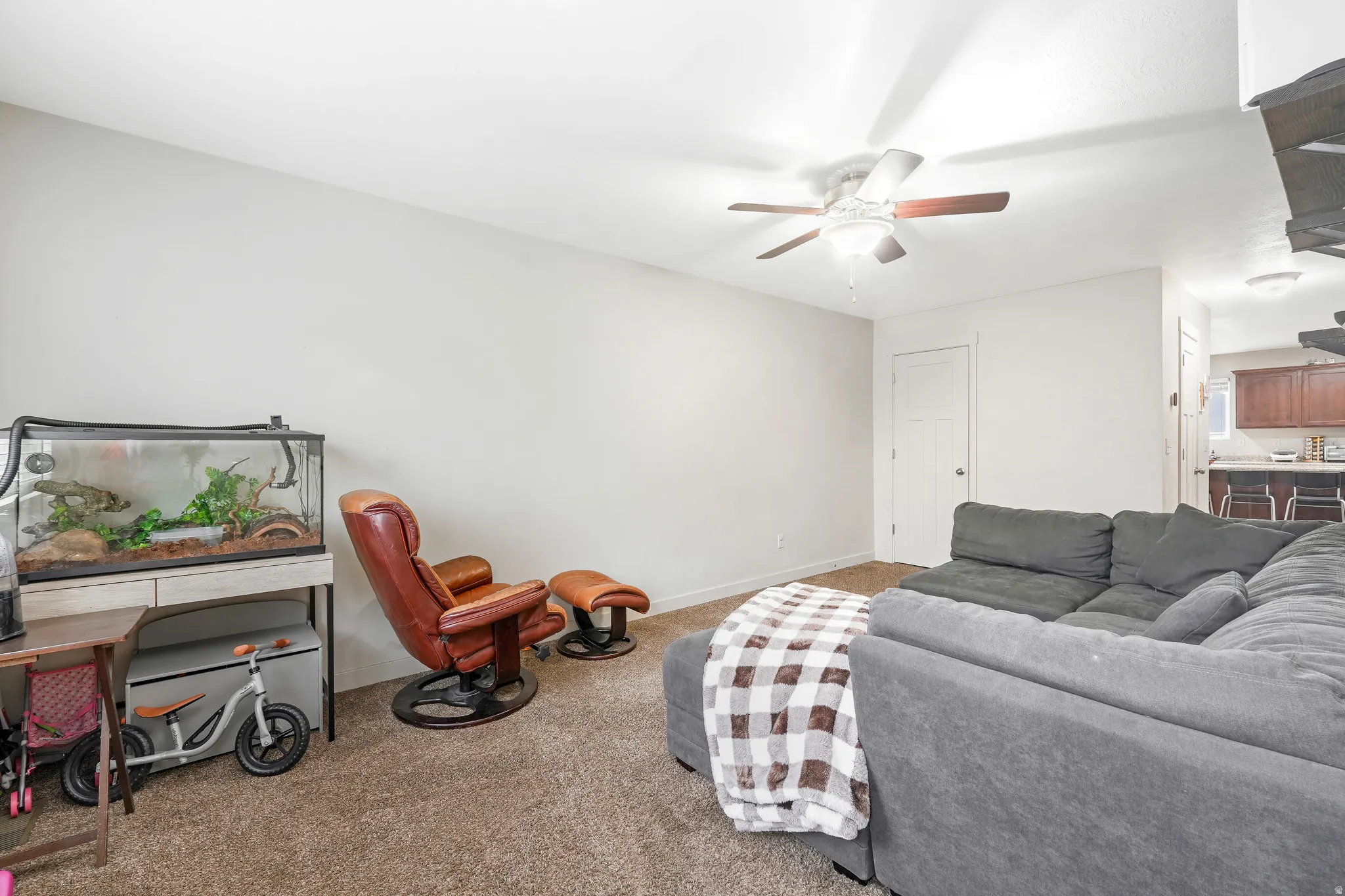 Carpeted living space with a ceiling fan, white paneled door, and neutral wall tones