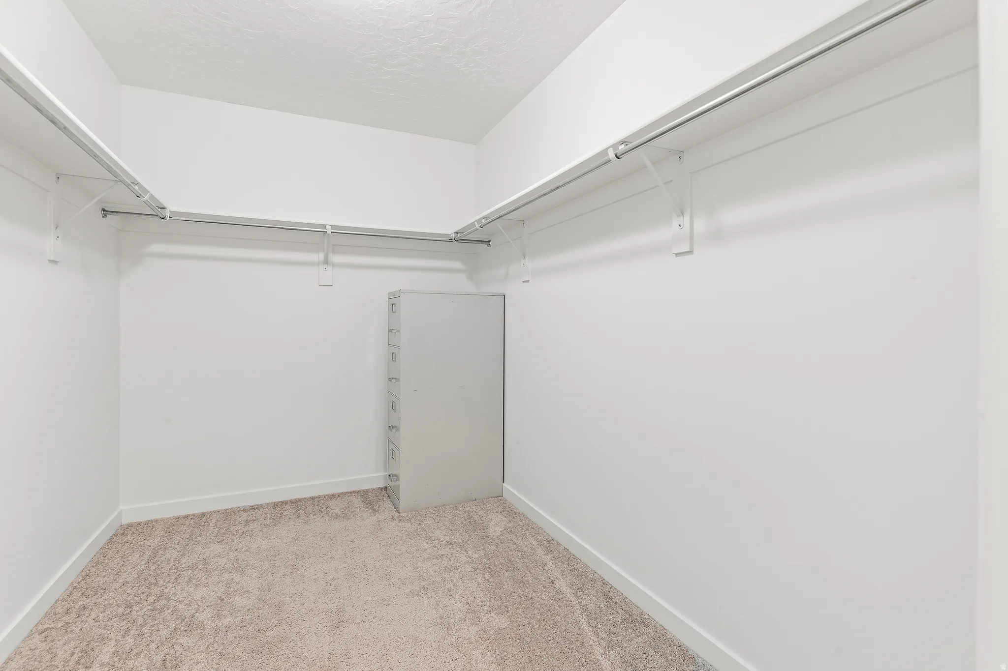 Walk-in closet featuring light-toned carpeting, white walls, and built-in metal shelving and hanging rods