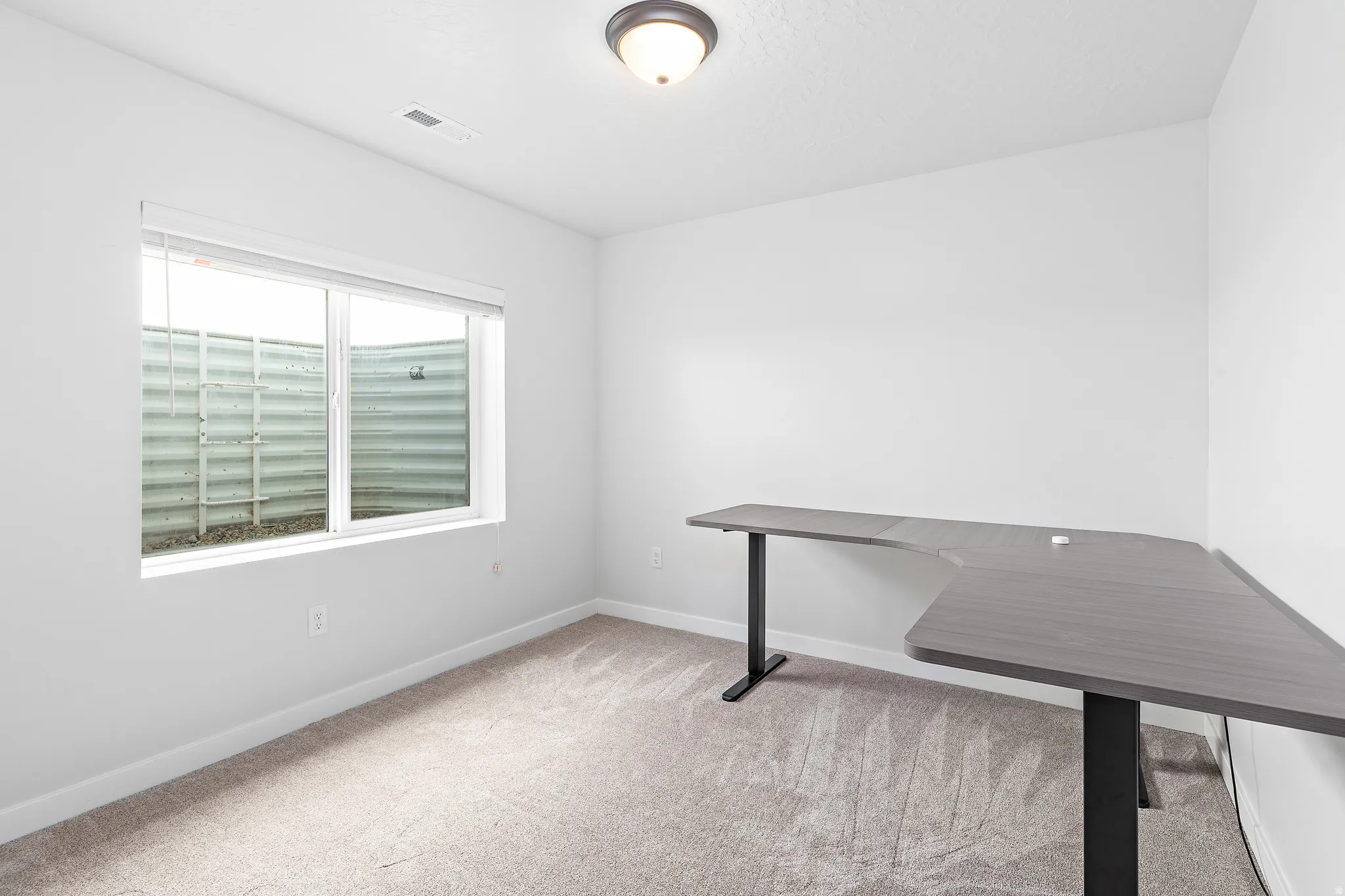 Bright room featuring light-colored carpeting and white walls