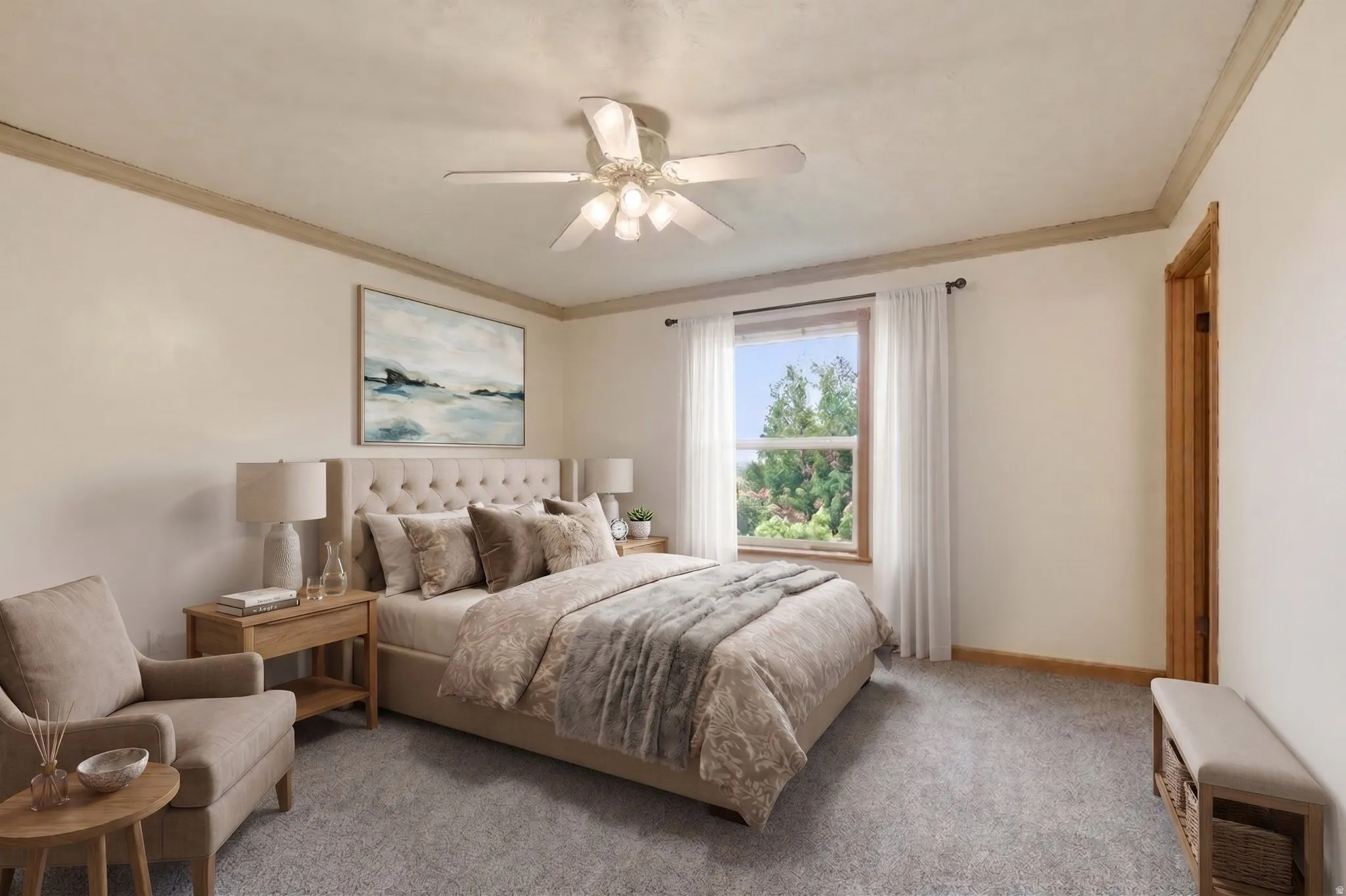 Bedroom featuring textured carpet, crown molding, and a ceiling fan with integrated lighting