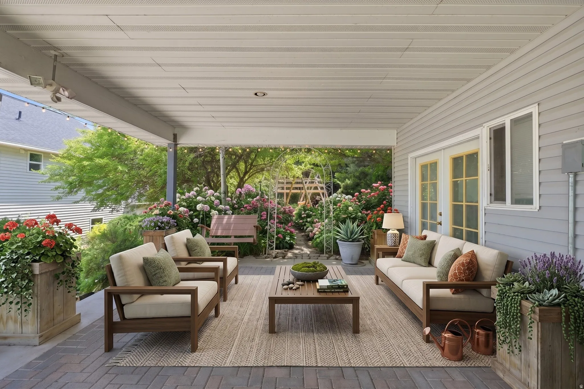 Covered outdoor patio featuring a paver surface and recessed lighting