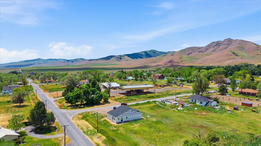 Aerial perspective showcasing a residential area with varied housing styles
