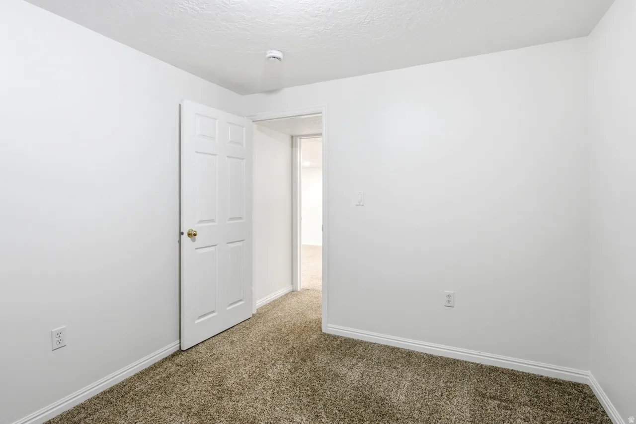 Room with neutral paint, textured ceiling, and carpeting
