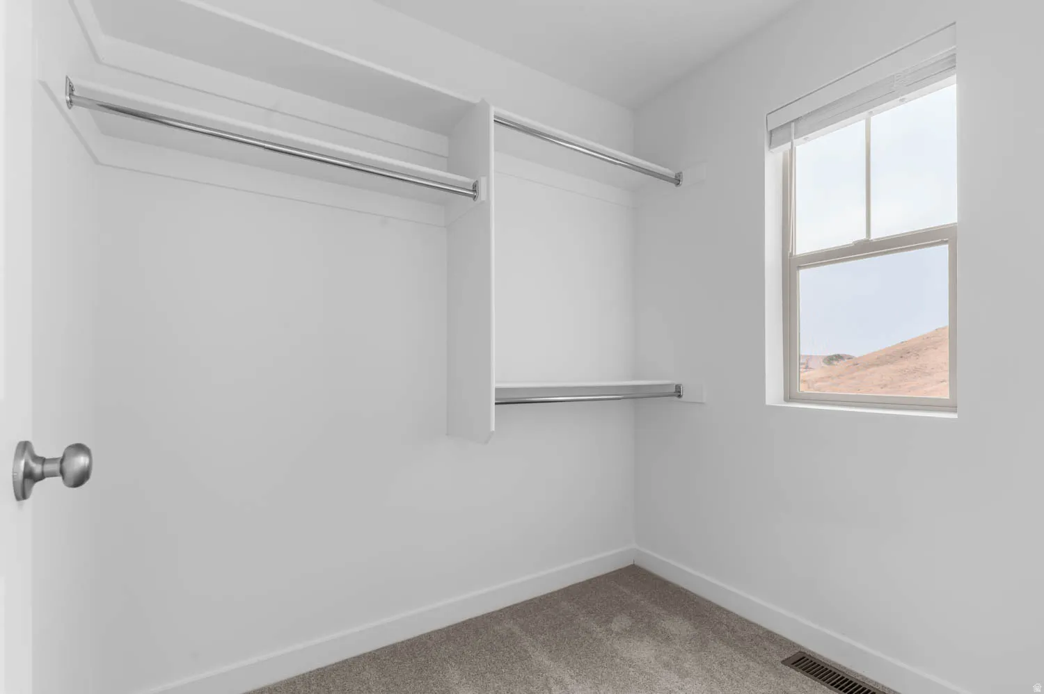 Walk-in closet featuring built-in shelving, two clothing rods, a single-hung window with a roller shade, and light gray carpet flooring