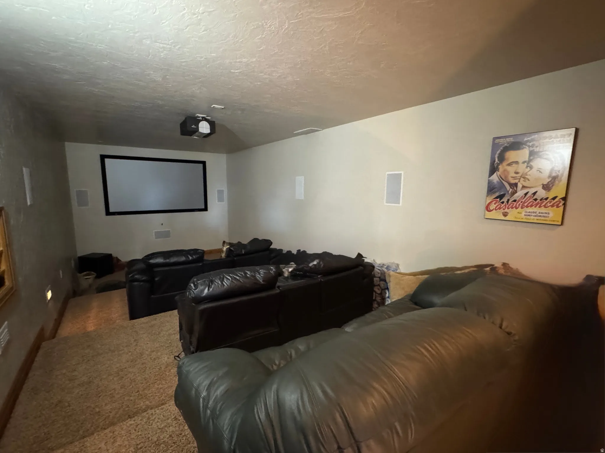 Dedicated media room featuring a large projection screen, mounted projector, and built-in wall speakers