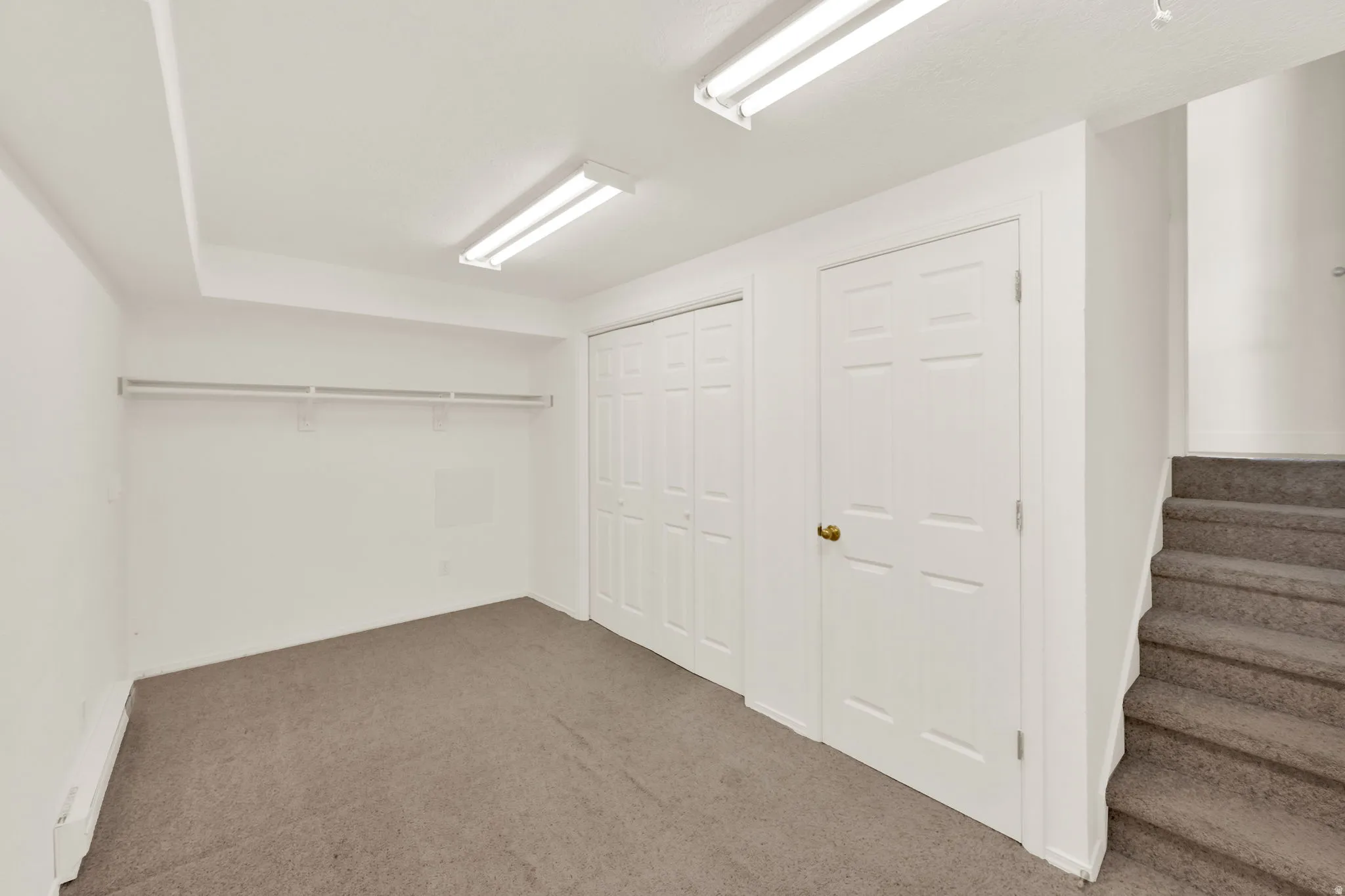 Carpeted room with white walls, two fluorescent ceiling light fixtures, built-in shelving, and bifold closet doors
