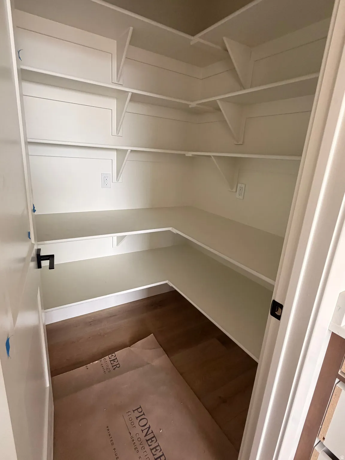 Walk-in pantry featuring built-in shelving, white trim, and wood-finish flooring