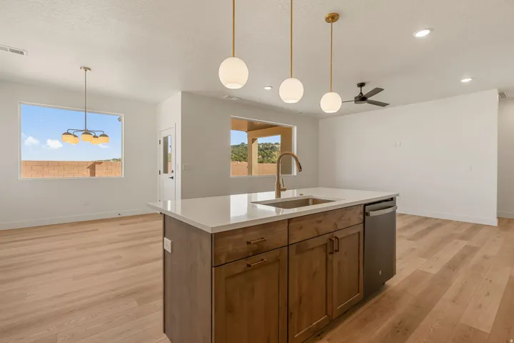 Kitchen island featuring a single-basin sink, gold-finish faucet, and integrated dishwasher