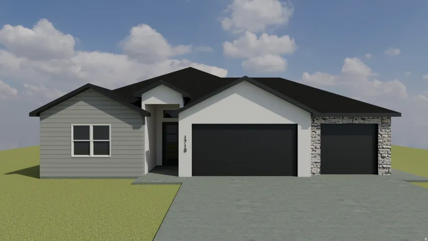 Contemporary exterior featuring a combination of light gray siding, white stucco, and natural stone accents