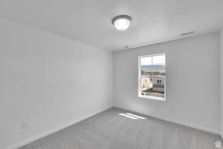 Neutral-toned room featuring a single window, light gray carpeting, and white walls