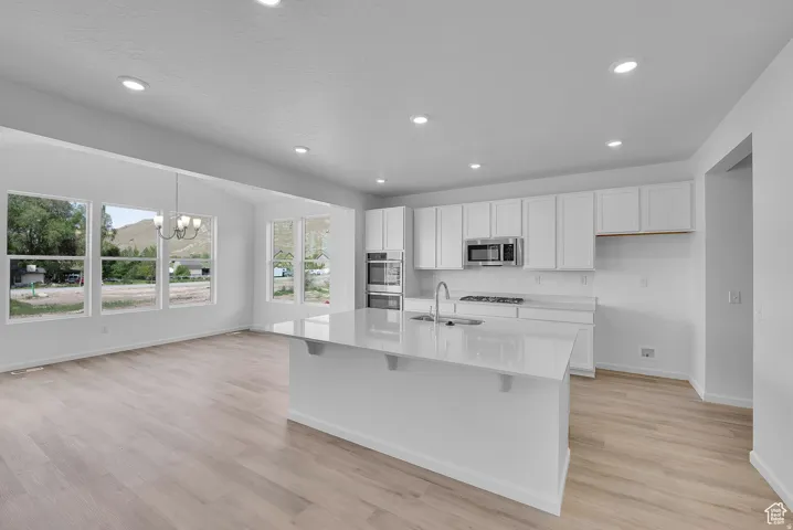 Open-concept kitchen and living area featuring a large center island with integrated sink, white cabinetry, stainless steel appliances, and light wood-finish flooring